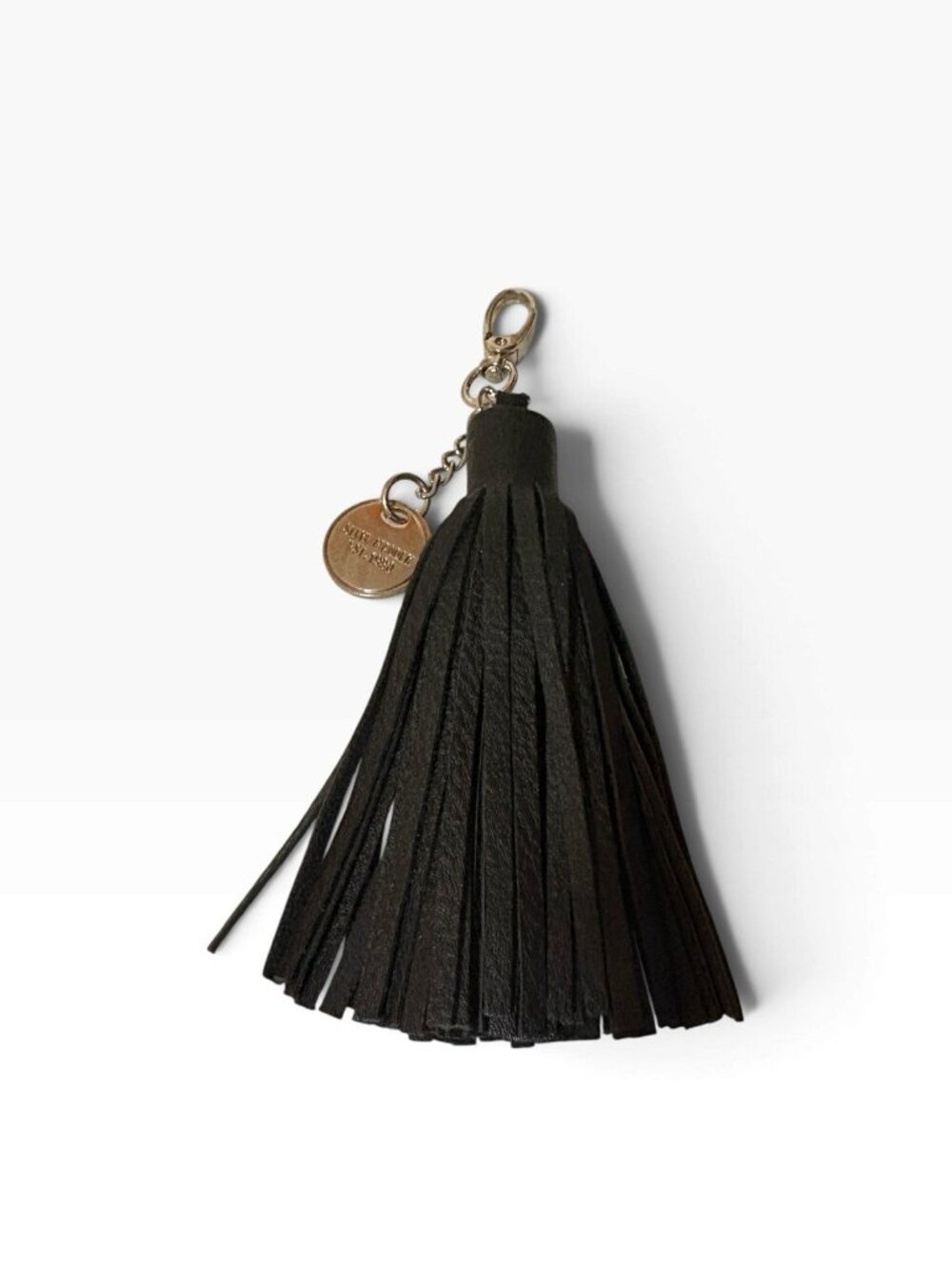 -Steve Madden Bag Charm Black Leather Tassle Silver Logo Tag Handbag Purse